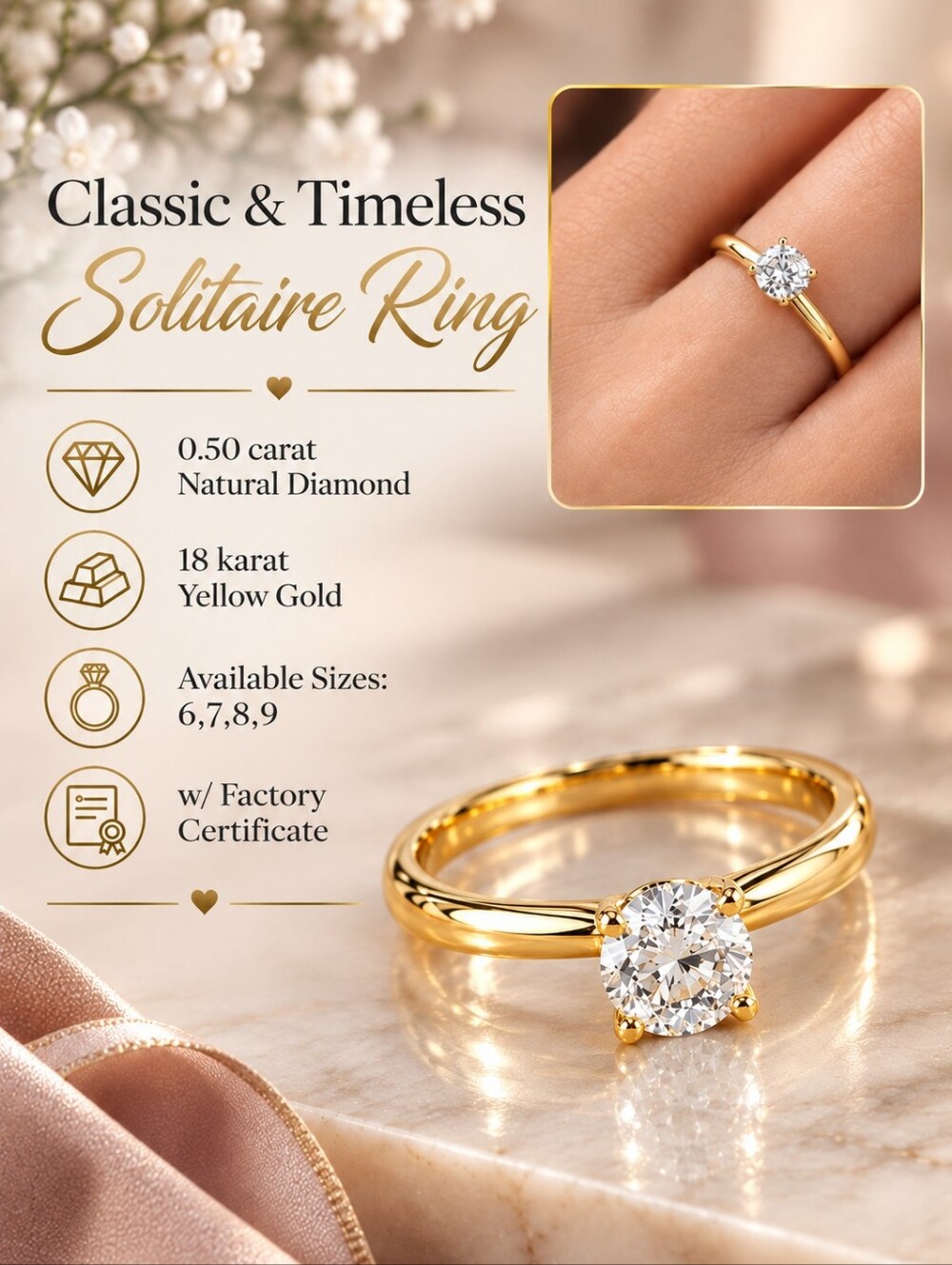 Classic 0.50ct Solitaire Diamond Ring in 18K Yellow Gold